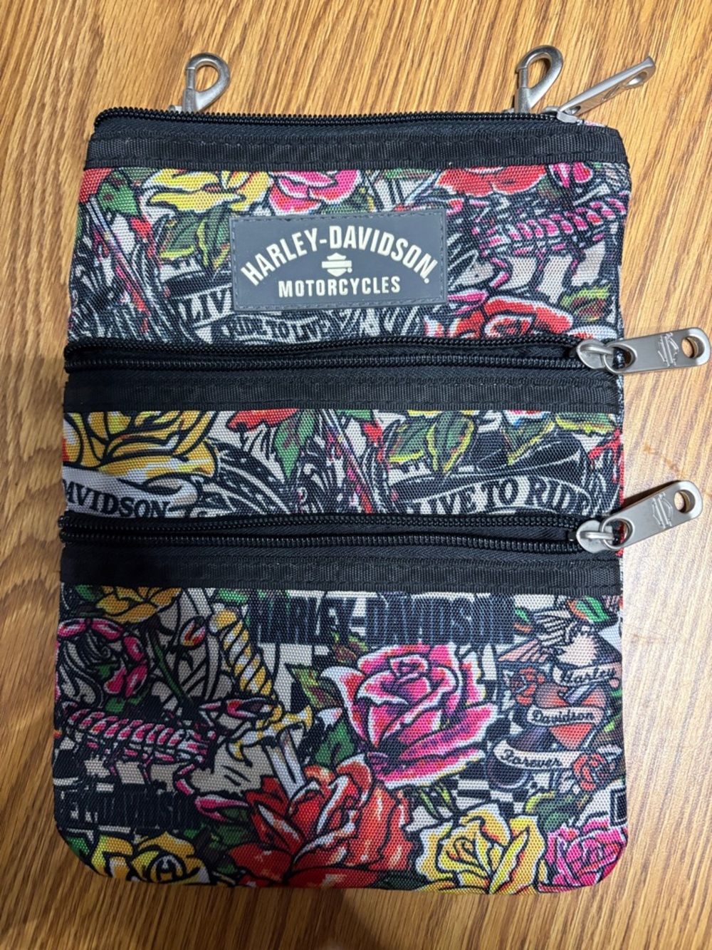 Harley-Davidson Black Floral Zip Wallet crossbody with Multicolor Roses